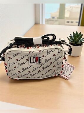 Brighton Love Scroll Canvas Camera Bag Crossbody in Red, Black & White. NWT